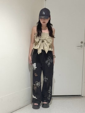 「EVRIS（エヴリス）のアイテム（パンツ）」を使った、黒石夏帆さん（レディース・155cm）の夏コーディネート