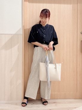 「SHOO・LA・RUE（シューラルー）の【洗濯機可/S-LL】大人の抜け感 ゆるっと5分袖シャツ（シャツ/ブラウス、ブルー系）」を使った、モカさん（レディース・162cm）の春コーディネート