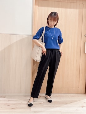 「SHOO・LA・RUE（シューラルー）の【毎日洗える/S-LL/ひんやり/UV】上半身すっきり 二の腕見せない5分袖ニット（ニット/セーター、ブルー系）」を使った、モカさん（レディース・162cm）の春コーディネート