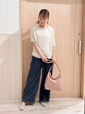 「SHOO・LA・RUE（シューラルー）の【2点セット/洗濯機可/S-LL】透かし編みで涼やか 大人のドルマンニット（その他トップス、ホワイト系）」を使った、モカさん（レディース・162cm）の春コーディネート