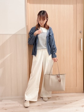 「SHOO・LA・RUE（シューラルー）の【毎日洗える/S-LL/ひんやり/UV】上半身すっきり 二の腕見せない5分袖ニット（ニット/セーター、ホワイト系）」を使った、モカさん（レディース・162cm）の春コーディネート