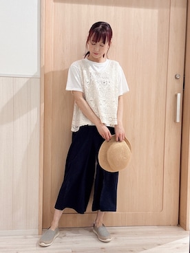 「SHOO・LA・RUE（シューラルー）の【洗濯機可/S-LL】ハイウエストで美脚見え リボンクロップドワイドパンツ（その他パンツ、ブルー系）」を使った、モカさん（レディース・162cm）の春コーディネート