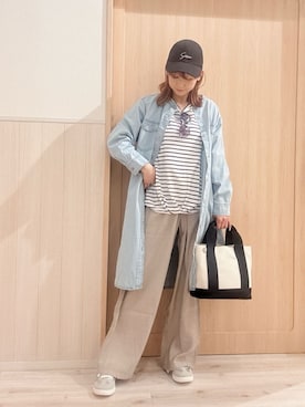 「SHOO・LA・RUE（シューラルー）の【ライトオンスデニム/S-LL】体型カバーにも ロングデニムシャツワンピース（ワンピース、ブルー系）」を使った、モカさん（レディース・162cm）の春コーディネート