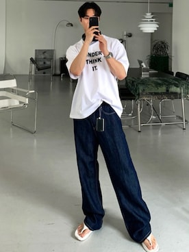 「NOWLE（ノウル）のアイテム（Tシャツ/カットソー、ホワイト系）」を使った、NOWLEさん（メンズ・172cm）の夏コーディネート