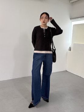 「KBF（ケイビーエフ）のレイヤードライクヘンリーニット（ニット/セーター、ブラウン系）」を使った、蝶ちゃんさん（レディース・158cm）の夏コーディネート