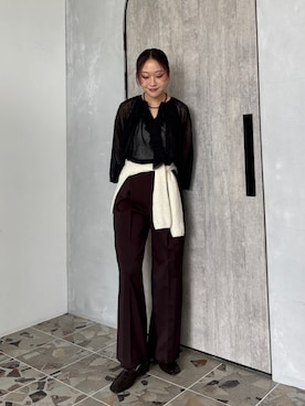 「URBAN RESEARCH ROSSO（アーバンリサーチロッソ）の防シワハイウエストワイドスラックス（その他パンツ、ブラウン系）」を使った、蝶ちゃんさん（レディース・158cm）の秋コーディネート