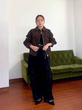 「KBF（ケイビーエフ）のピーチスキンWIDEブルゾン（ブルゾン、ブラウン系）」を使った、蝶ちゃんさん（レディース・158cm）の夏コーディネート