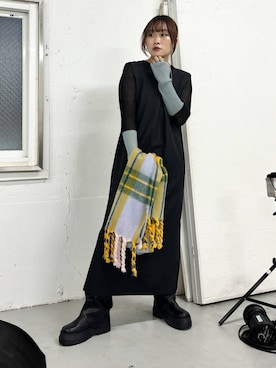 「KBF（ケイビーエフ）のカバーデザインロングブーツ（ブーツ）」を使った、蝶ちゃんさん（レディース・158cm）の秋コーディネート