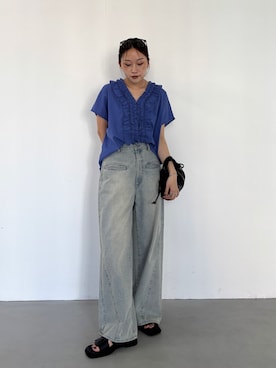 「KBF（ケイビーエフ）のWIDEレッグアジャストデニム（Denim pants、ブルー系）」を使った、蝶ちゃんさん（レディース・158cm）の夏コーディネート