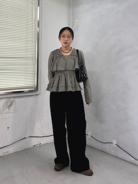 「KBF（ケイビーエフ）のチェックフリルペプラムブラウス（シャツ/ブラウス、ブルー系）」を使った、蝶ちゃんさん（レディース・158cm）の秋コーディネート