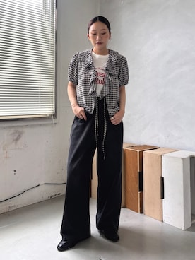 「KBF（ケイビーエフ）のフリルVネックブラウス（シャツ/ブラウス、ブルー系）」を使った、蝶ちゃんさん（レディース・158cm）の夏コーディネート