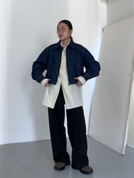 「KBF（ケイビーエフ）のバルーンデニムブルゾン（デニムジャケット、ブルー系）」を使った、蝶ちゃんさん（レディース・158cm）の夏コーディネート