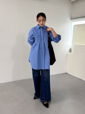 「KBF（ケイビーエフ）のフロントシャーリングシャツワンピース（ワンピース、ブルー系）」を使った、蝶ちゃんさん（レディース・158cm）の夏コーディネート