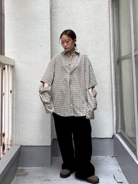 「KBF（ケイビーエフ）のBIGBIGシャツ（シャツ/ブラウス、ベージュ系）」を使った、蝶ちゃんさん（レディース・158cm）の夏コーディネート