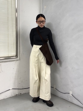 「SMELLY（スメリー）のオクタゴンフレームダテメガネ（メガネ、グリーン系）」を使った、蝶ちゃんさん（レディース・158cm）の秋コーディネート