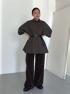 「KBF（ケイビーエフ）のWIDEタックストライプチュニック（チュニック、ブラウン系）」を使った、蝶ちゃんさん（レディース・158cm）の夏コーディネート