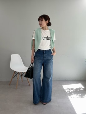 「GALLARDAGALANTE（ガリャルダガランテ）のフレアデニム（デニムパンツ、ブルー系）」を使った、manakaさん（レディース・162cm）の春コーディネート