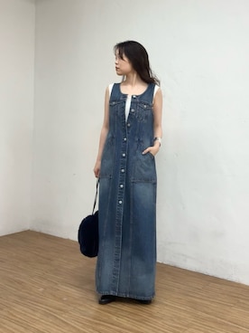 「PEAS（ピース）の【PEAS】 デニムワンピース（ワンピース、ブルー系）」を使った、manakaさん（レディース・162cm）の夏コーディネート