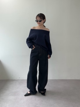 「UNFORM（アンフォーム）の【2026AW Debut】【UNFORM】スウェットライクニット（ニット/セーター、ブルー系）」を使った、manakaさん（レディース・162cm）の夏コーディネート