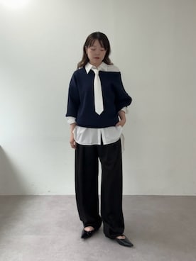 「UNFORM（アンフォーム）の【2026AW Debut】【UNFORM】スウェットライクニット（ニット/セーター、ブルー系）」を使った、manakaさん（レディース・162cm）の夏コーディネート