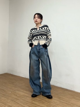 「PEAS（ピース）の【PEAS 】ジャガードニット（ニット/セーター、ブルー系）」を使った、manakaさん（レディース・162cm）の夏コーディネート