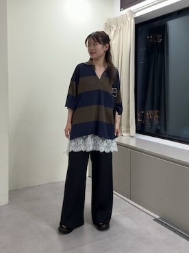 「GALLARDAGALANTE（ガリャルダガランテ）のボーダーニットポロ（ニット/セーター、ブルー系）」を使った、manakaさん（レディース・162cm）の春コーディネート