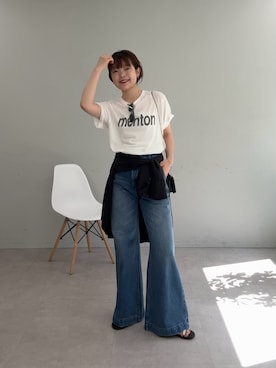 「GALLARDAGALANTE（ガリャルダガランテ）のフレアデニム（デニムパンツ、ブルー系）」を使った、manakaさん（レディース・162cm）の春コーディネート