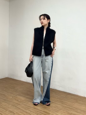 「PEAS（ピース）の【PEAS】リメイクワイドパンツ（デニムパンツ、ブルー系）」を使った、manakaさん（レディース・162cm）の夏コーディネート