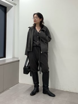 「GALLARDAGALANTE（ガリャルダガランテ）の【CHIKAコラボ】ワイドシャフトロングブーツ（ブーツ、ブラック系）」を使った、manakaさん（レディース・162cm）の夏コーディネート