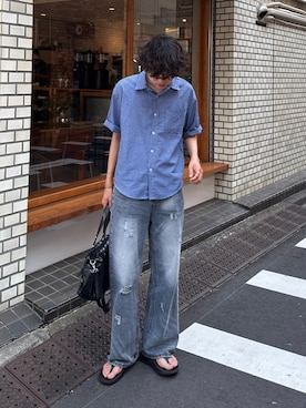 「YOLO（ヨーロ）のインスタのプロフィールから買えます！（シャツ/ブラウス、ブルー系）」を使った、gucciさん（メンズ・177cm）の夏コーディネート