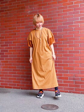 「HERENCIA（ヘレンチア）の【WEB限定商品】異素材切替え バルーンスリーブ  ボリュームスリーブ ワンピース（ワンピース）」を使った、ちゃまさん（レディース・155cm）の夏コーディネート