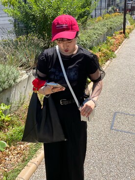 「THE SHINZONE（ザ　シンゾーン）のアイテム（帽子）」を使った、差し色つかいの女子大生さん（レディース・155cm）の夏コーディネート