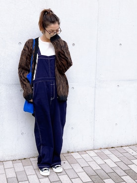 「モヘアカーディガン」｜「アイテム（オールインワン・サロペット）」を使った、NAHOさん（レディース・162cm）の秋コーディネート