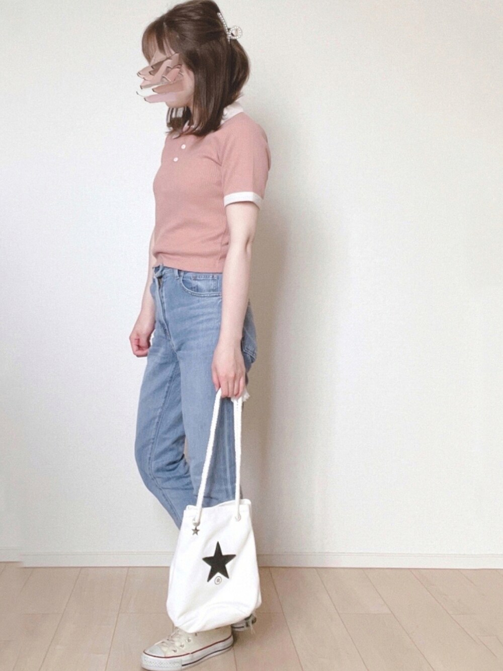 「夏コーデ、オトナ女子、カジュアル、韓国ファッション、しまむら、GU、ポロシャツ、デニム、スニーカー、プチプラ」｜「しまむらのアイテム（トップス、ピンク系）」を使った、𝕡𝕪𝕠𝕟 ⋆⑅さん（レディース・152cm）の夏コーディネートの1枚目の写真