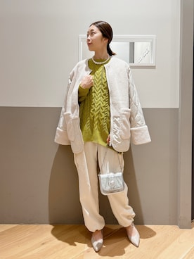 「ケーブルニット」｜「アイテム（ノーカラーコート）」を使った、sakiyoさん（レディース・161cm）の冬コーディネート