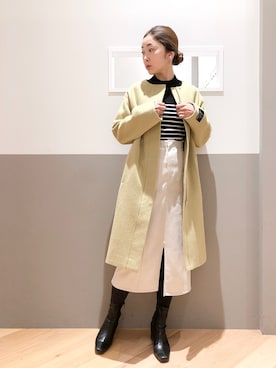 「春カラー」｜「アイテム（ノーカラーコート）」を使った、sakiyoさん（レディース・161cm）の冬コーディネート
