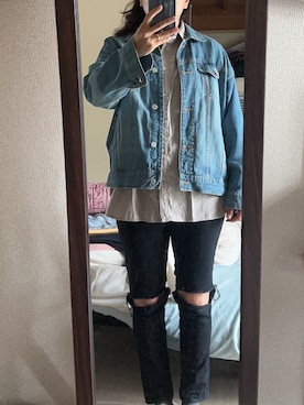 「Honeys（ハニーズ）のアイテム（デニムジャケット）」を使った、わんちゃんさん（レディース・153cm）の秋コーディネート