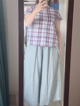 「Honeys（ハニーズ）のアイテム（シャツ/ブラウス、パープル系）」を使った、わんちゃんさん（レディース・153cm）の秋コーディネート