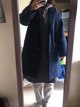 「Honeys（ハニーズ）のアイテム（チェスターコート）」を使った、わんちゃんさん（レディース・153cm）の冬コーディネート