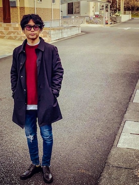 「GUコーデ」｜「アイテム（ステンカラーコート）」を使った、SG Ryoheyさん（メンズ・163cm）の冬コーディネート