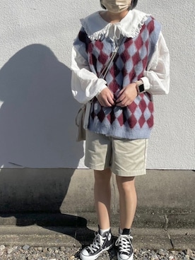 「w closet（ダブルクローゼット）のアイテム（ベスト、ブルー系）」を使った、chimiさん（レディース・156cm）の秋コーディネート