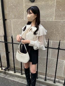 「one after another NICE CLAUP（ワンアフターアナザーナイスクラップ）のビジューボタンスカパン　2023SS（その他パンツ）」を使った、おはなさん（レディース・155cm）の冬コーディネート
