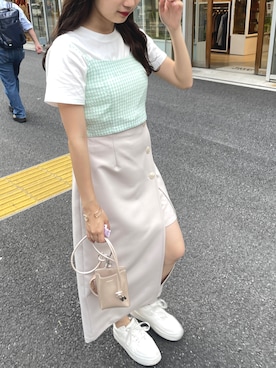 「one after another NICE CLAUP（ワンアフターアナザーナイスクラップ）のサイドボタンスリットスカート（スカート）」を使った、おはなさん（レディース・155cm）の夏コーディネート