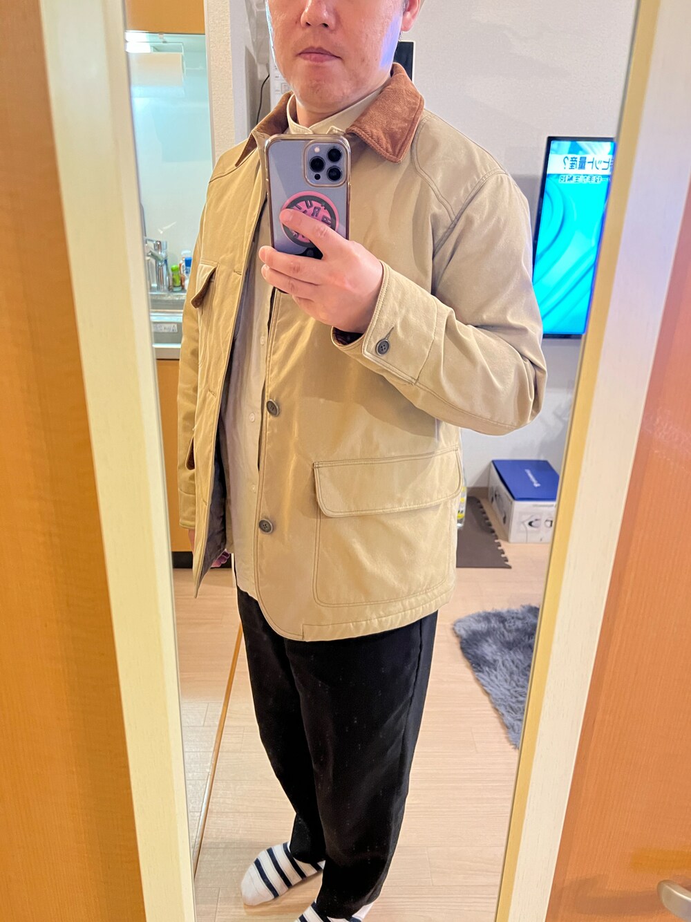 「ぽっちゃり、ぽっちゃり男子、ぽっちゃり系男子、ぽっちゃりでもおしゃれしたい！、ぽっちゃりメンズ、ポチャメン、Pherrow's、UNIQLO」｜「Pherrow'sのアイテム（ジャケット/アウター、ベージュ系）」を使った、ティムさん（メンズ・172cm）の春コーディネートの1枚目の写真