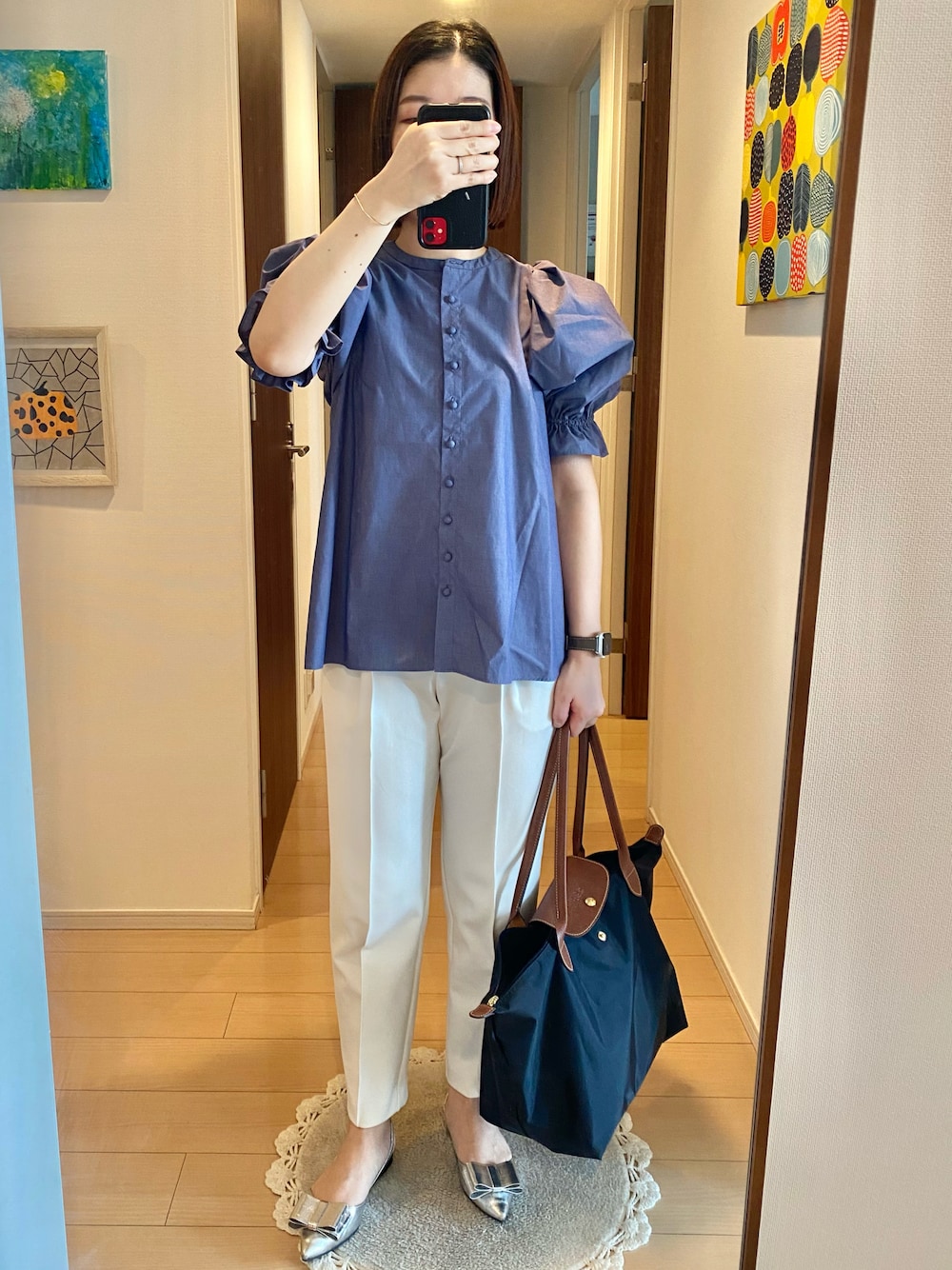 「ブルー×ホワイト、ホワイト×ブルー、シルバーシューズ、blue & white、white & blue、silver shoes」｜「OHGAのアイテム（トップス、ブルー系）」を使った、リンゴさん（レディース・159cm）の春コーディネートの1枚目の写真