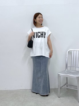 「COLLAGE GALLARDAGALANTE（コラージュガリャルダガランテ）のVICHY ロゴTシャツ/ZOZO限定（Tシャツ/カットソー、ホワイト系）」を使った、IDEchanさん（レディース・161cm）の夏コーディネート