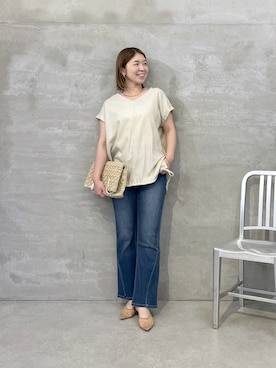 「COLLAGE GALLARDAGALANTE（コラージュガリャルダガランテ）の体型カバー/麻混ドロストブラウス（シャツ/ブラウス、ベージュ系）」を使った、IDEchanさん（レディース・161cm）の夏コーディネート