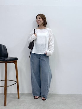 「COLLAGE GALLARDAGALANTE（コラージュガリャルダガランテ）の日焼け・冷房対策/コットンガーゼ2WAYシアーシャツカーデ/ZOZO限定（シャツ/ブラウス、ホワイト系）」を使った、IDEchanさん（レディース・161cm）の夏コーディネート