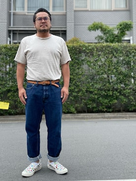「アイテム（スリッポン、ホワイト系）」を使った、gunken5さん（メンズ・171cm）の夏コーディネート