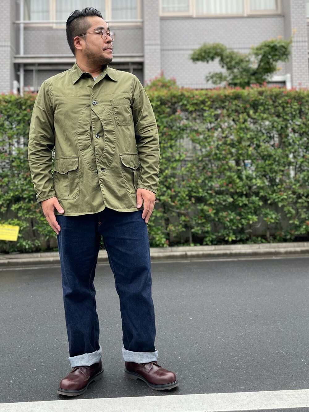 「秋コーデ、秋服準備はじめました、秋のコーデ、ハンティングジャケット、ジャケット、デニム、デニムパンツ、ジーンズ、アメカジ、革靴、ワーク、カバーオール、レースアップシューズ」｜「Pherrow'sのアイテム（デニムパンツ、ブルー系）」を使った、gunken5さん（メンズ・171cm）の秋コーディネートの1枚目の写真